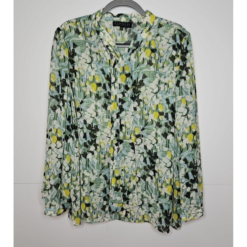Eloquii Womens Green Floral Button Front Blouse With Necktie Detail Size 22